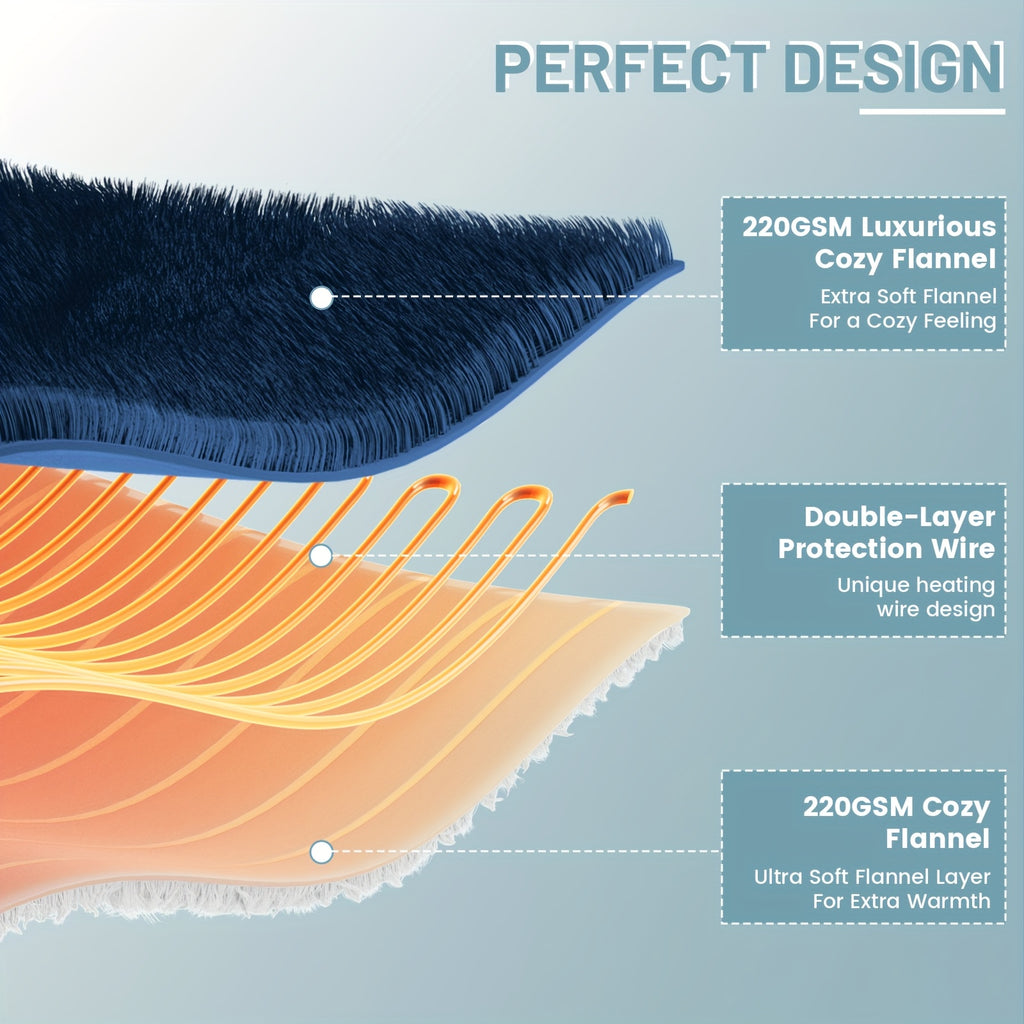 Electric Heated Blanket Soft Flannel Material, 6 Temperature Levels, 8 Timer Settings, Machine Washable, Fast Heating, For Home/Office/travel/camping, Machine Washable