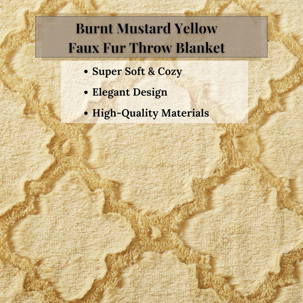 Tache Faux Fur Oversized Throw Blanket Mustard Yellow, 63X90 Moroccan Lattice Pattern Super Soft Fluffy Fuzzy Warm Gold Fall Decor for Bed Sofa Couch, Twin Size