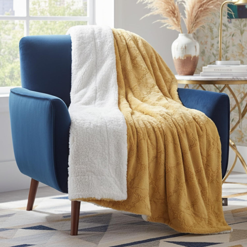 Tache Faux Fur Oversized Throw Blanket Mustard Yellow, 63X90 Moroccan Lattice Pattern Super Soft Fluffy Fuzzy Warm Gold Fall Decor for Bed Sofa Couch, Twin Size