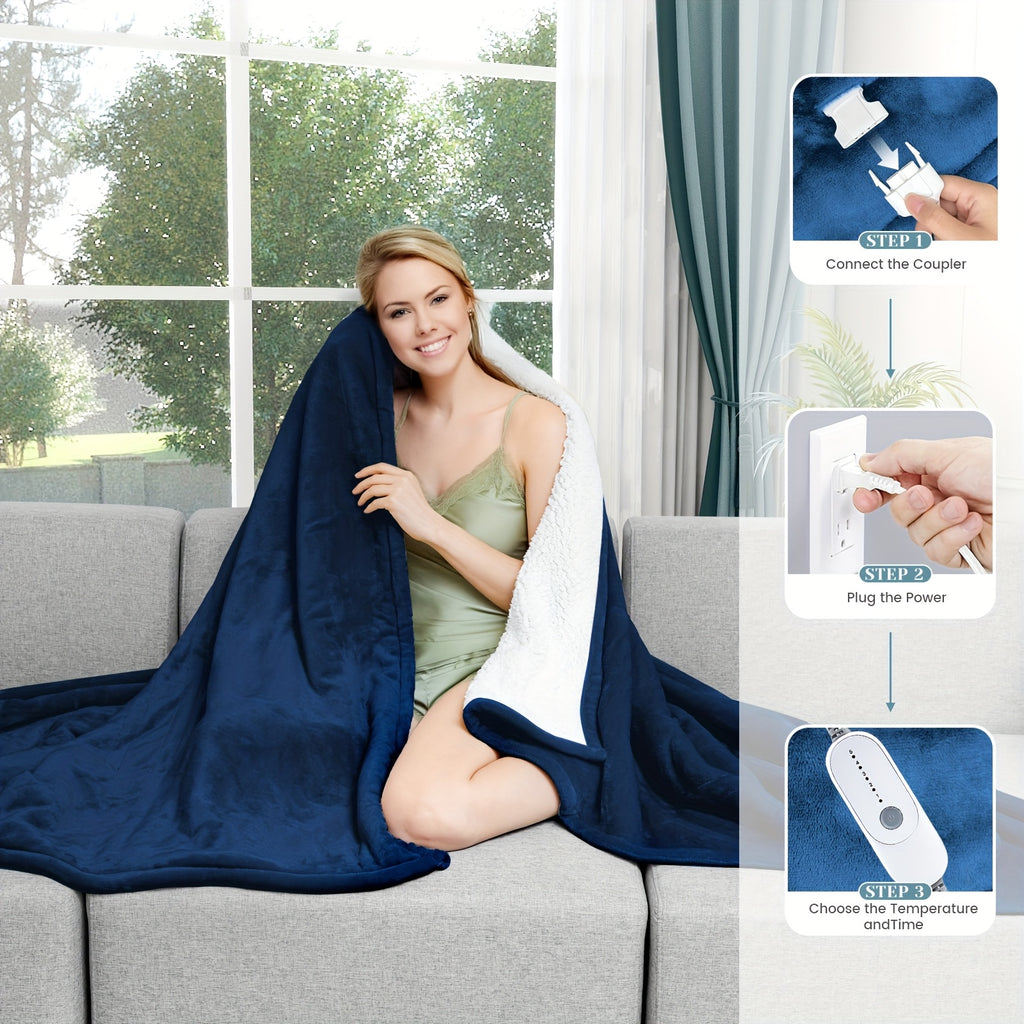 Electric Heated Blanket Soft Flannel Material, 6 Temperature Levels, 8 Timer Settings, Machine Washable, Fast Heating, For Home/Office/travel/camping, Machine Washable