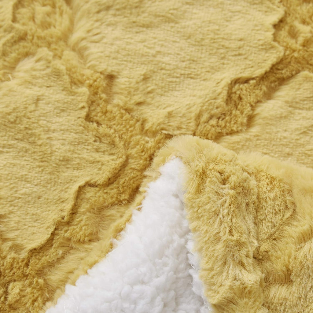 Tache Faux Fur Oversized Throw Blanket Mustard Yellow, 63X90 Moroccan Lattice Pattern Super Soft Fluffy Fuzzy Warm Gold Fall Decor for Bed Sofa Couch, Twin Size