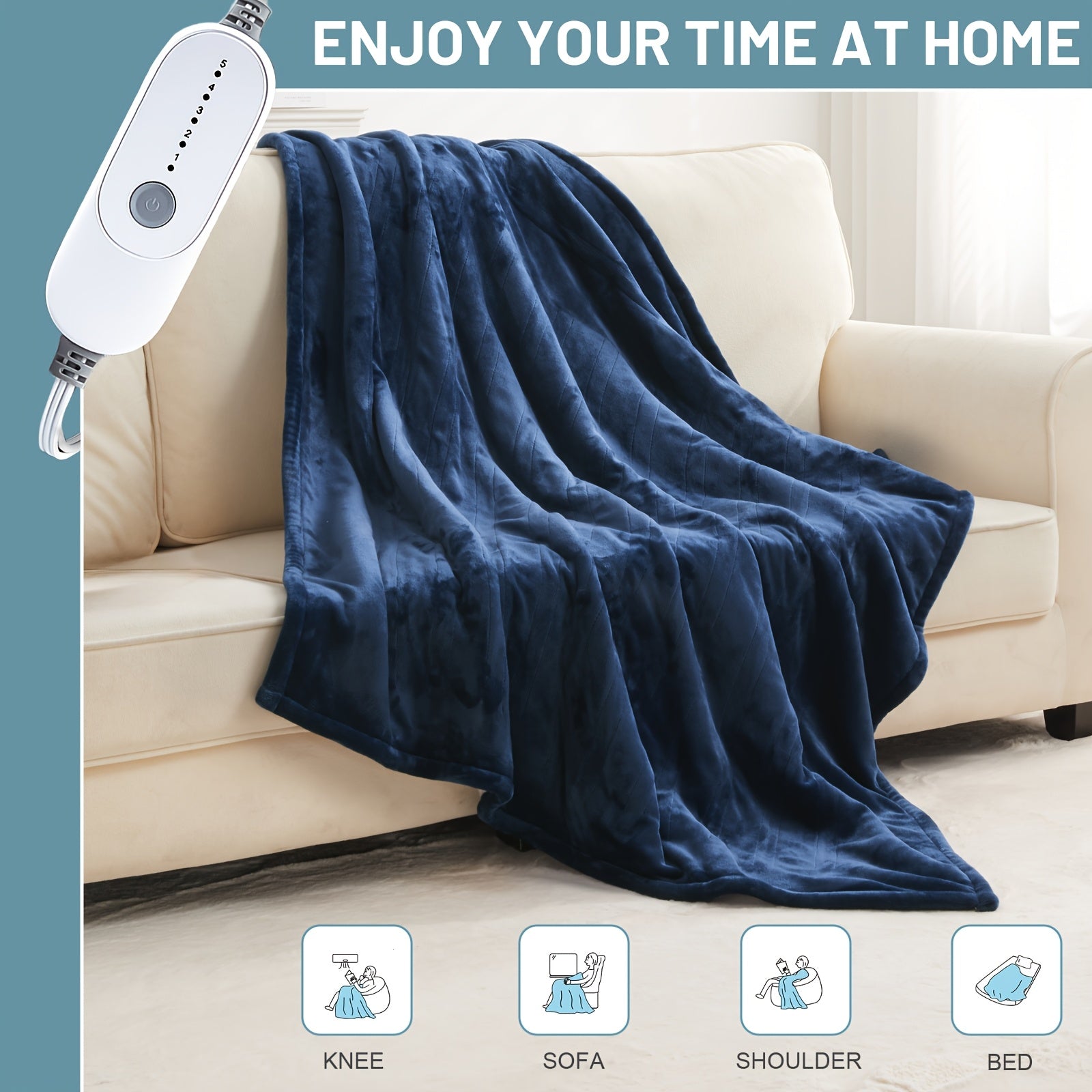 Electric Heated Blanket Soft Flannel Material, 6 Temperature Levels, 8 Timer Settings, Machine Washable, Fast Heating, For Home/Office/travel/camping, Machine Washable