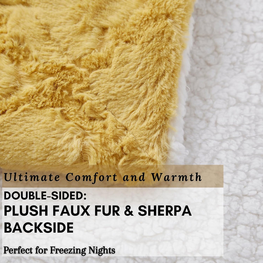 Tache Faux Fur Oversized Throw Blanket Mustard Yellow, 63X90 Moroccan Lattice Pattern Super Soft Fluffy Fuzzy Warm Gold Fall Decor for Bed Sofa Couch, Twin Size